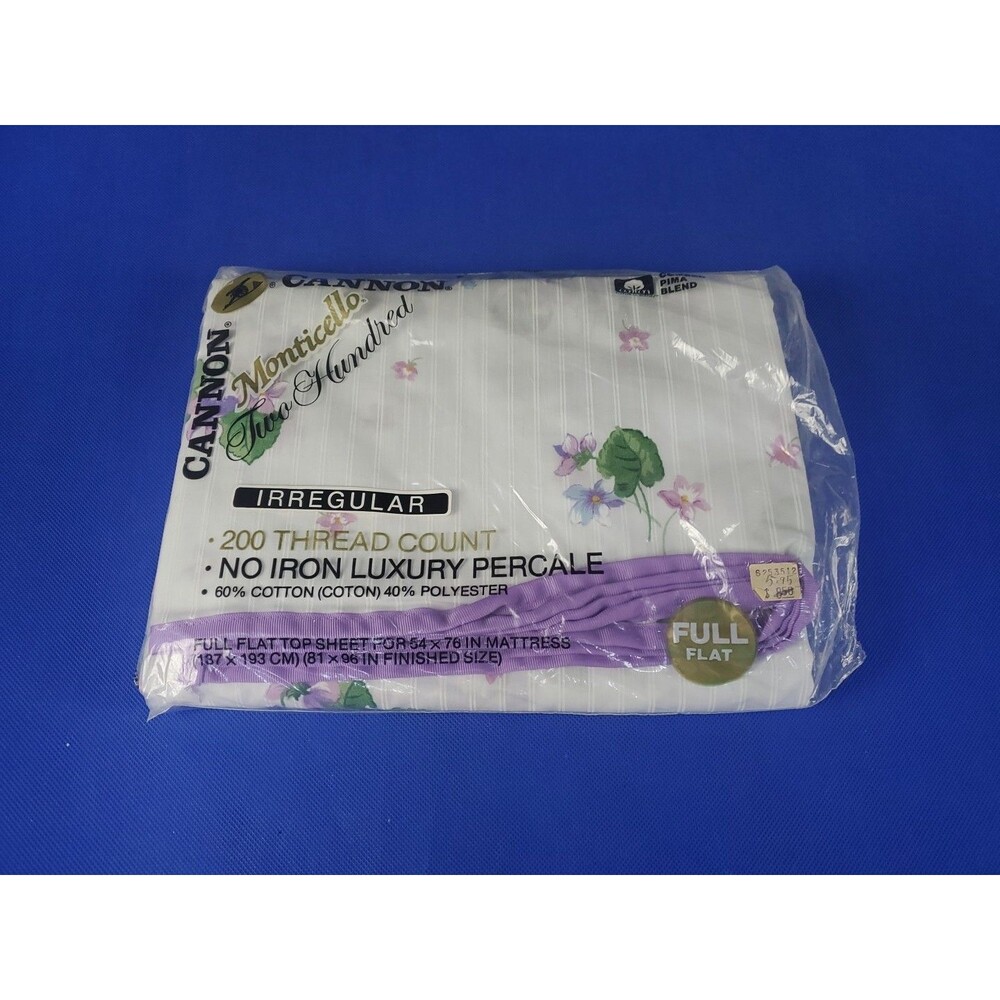 Vtg Cannon Monticello Full & Flat Sheet 200 Thread Count NOS Flowers Purple USA